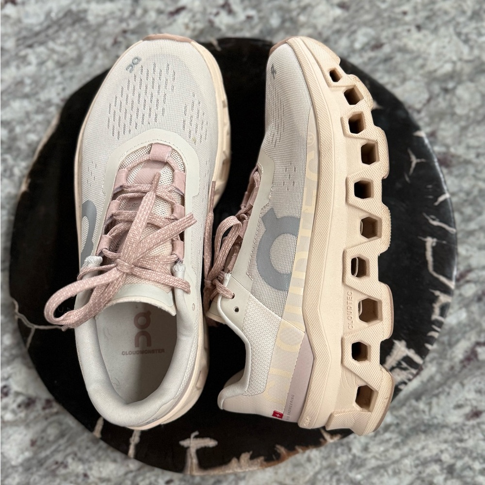 On Cloudmonster Women's Cream and Pale Pink Sneakers